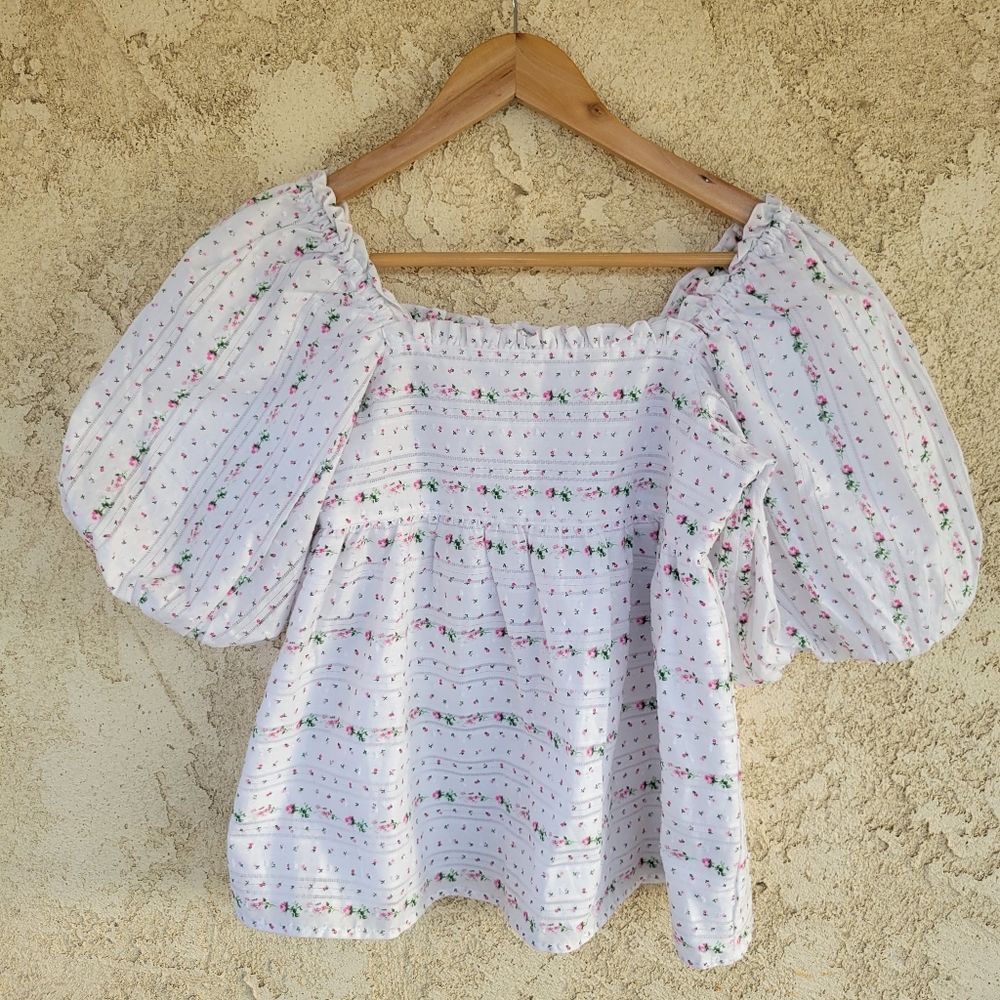 Janie & Jack Swiss Dot Floral Puff Sleeve Babydoll Top White Flowers Girls Sz 16